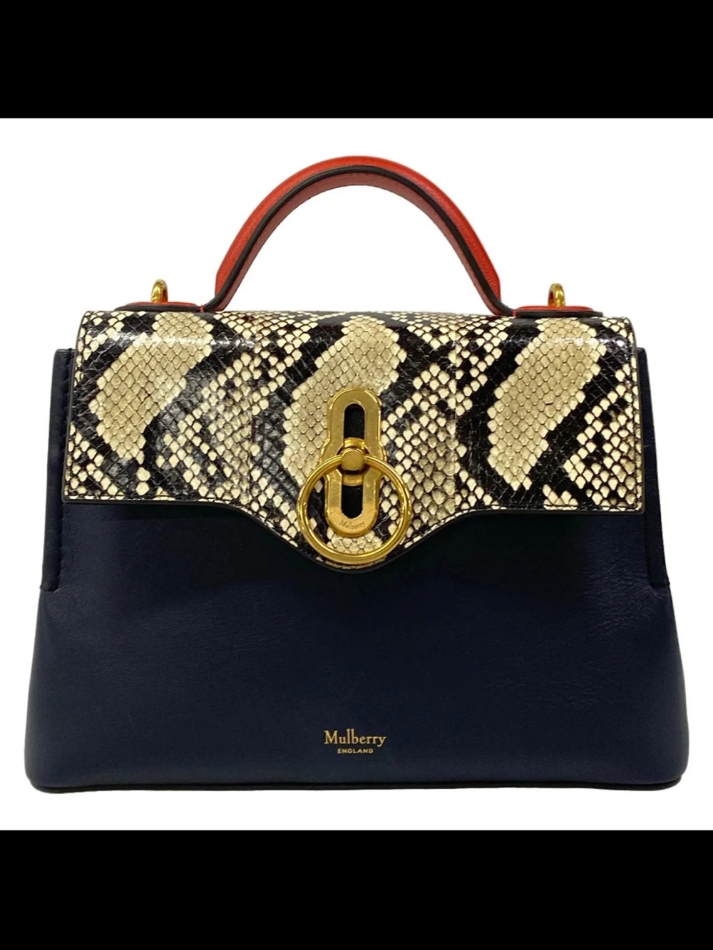 Mulberry Navy Leather Satchel with Gold Snake-Print Flap and Red Handle